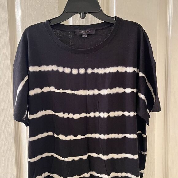 AllSaints Tystripe Cori Tee Black & White Stripe Tie-Dye Oversized T-Shirt XS/S - Picture 2 of 12